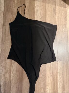 Fashion Nova Black One-Shoulder Bodysuit with Thin Strap